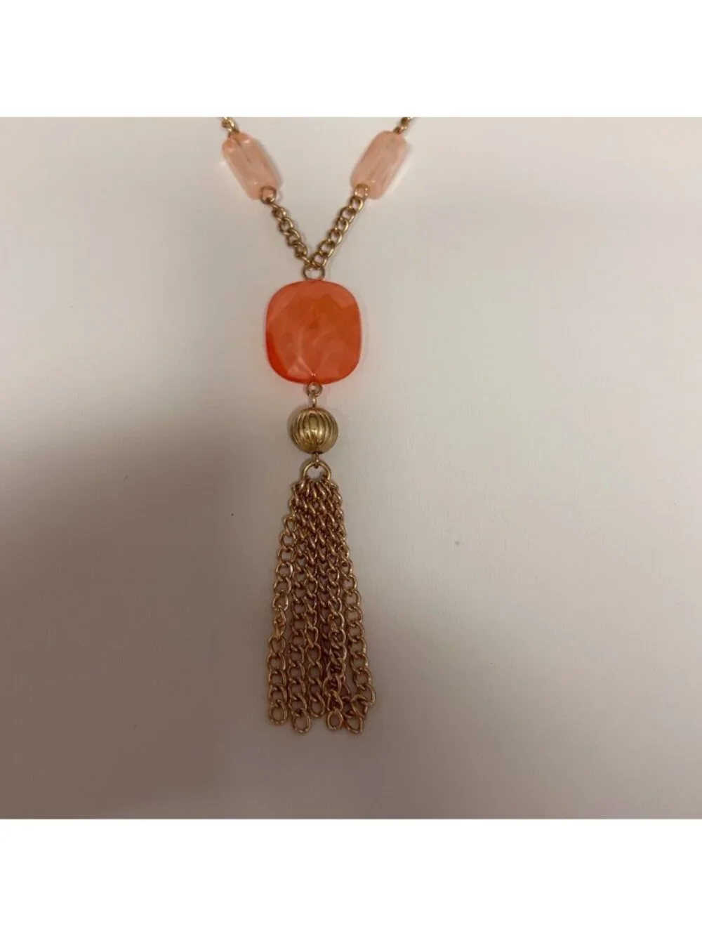 Gold Tone Chain Necklace Pink Orange Beads Faceted Centerpiece Tassel Pendant